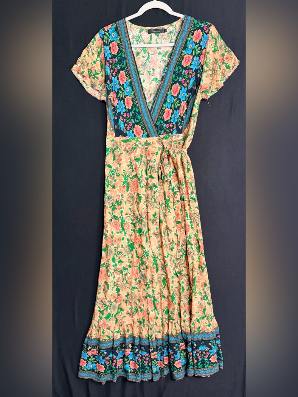 Floral Wrap Midi Dress in Peach and Teal
